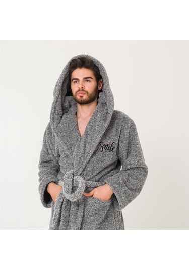 Erkek Uzun Welsoft Kapüşonlu Sabahlık-Gri