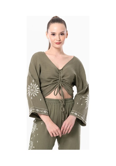 Uzun Kol Günışığı Büzgü Detaylı Yazlık Müslin Bluz Haki Hk-haki Haki