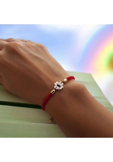 14 Ayar Altın Plakalı Çiçek Figürlü Örgü İpli Taç Sembollü Hediye Bileklik-324sembol-kırmızı Altın