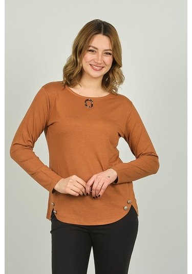 Sistas Kadın Süs Düğmeli Uzun Kol Bluz 23538 Camel