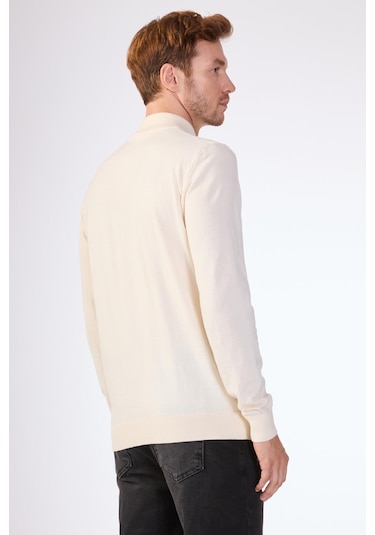Dufy %100 Pamuk Ekru Düz Erkek Triko - Slim Fit Ekru