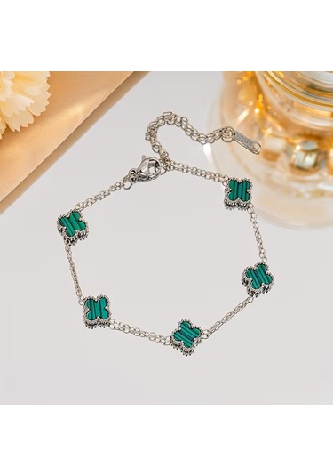 Çelik Bileklik Dört Yapraklı Küçük Yonca Yeşil Çizgili Sedef Taşlı Uzunluk 18 Cm Gümüş Gümüş