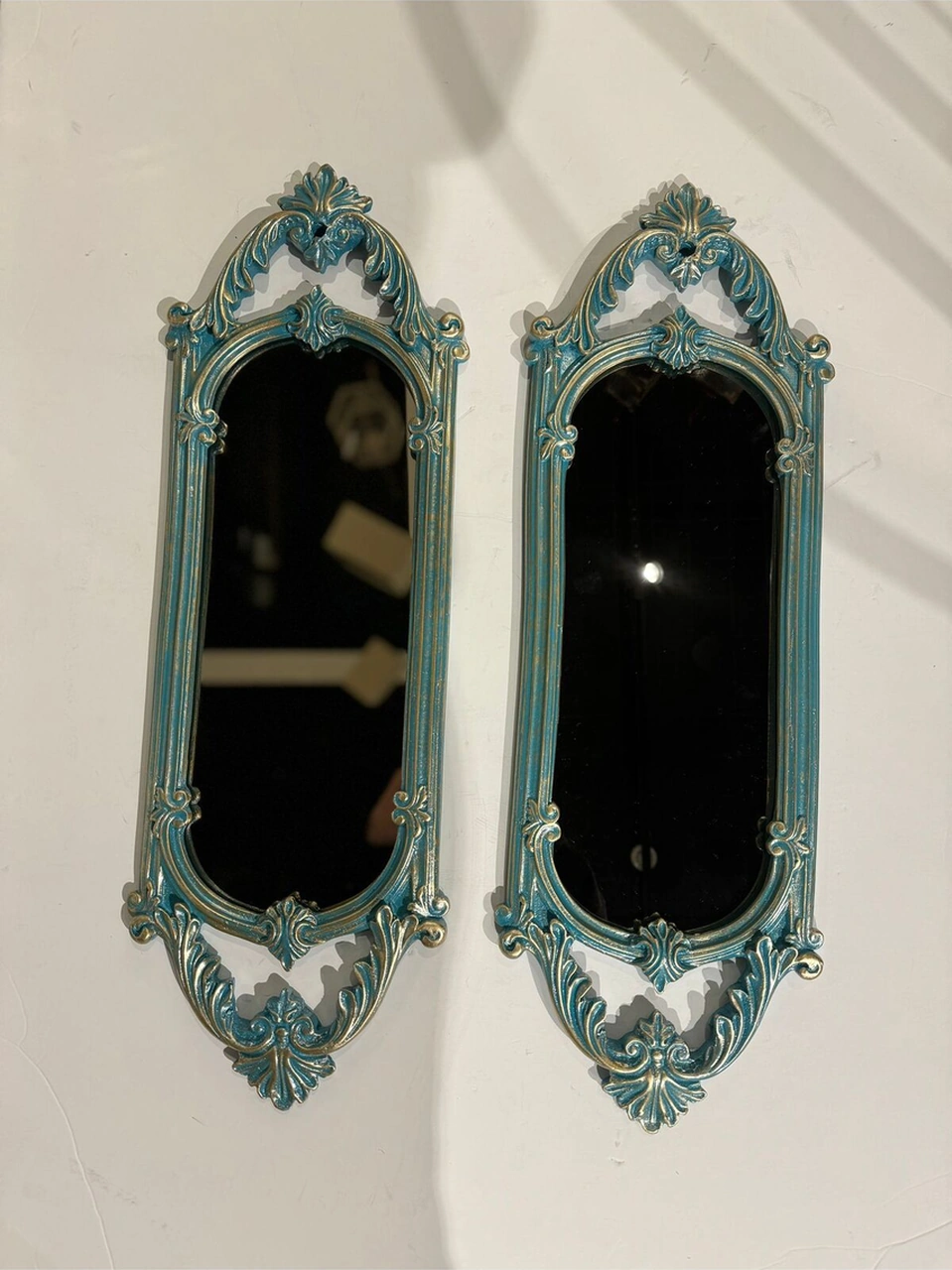Dekoratif Polyester Ikili Niş Dikdörtgen Ayna Takımı Turkuaz Eskitme