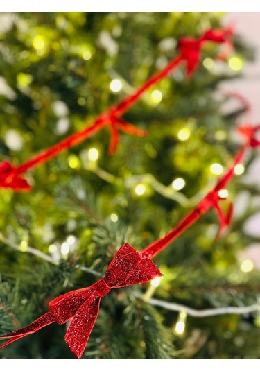 Yılbaşı Kırmızı Simli Kadife Kurdele Fiyonk Noel Çam Ağaç Süsü 1 Adet