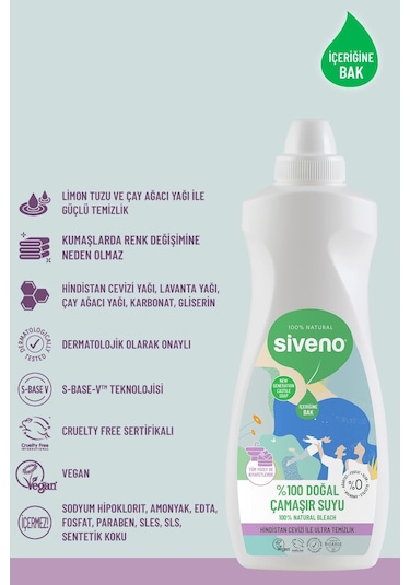 Siveno %100 Doğal Çamaşır Suyu Bitkisel Lavanta Çay Ağacı Tüm Yüzey ve Kumaşlarda 700 ML