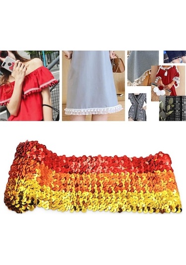 Rogfer Zp000875 9 Satır Elastik Pullu Dantel Dokuma Dıy Giyim Aksesuarları, Uzunluk: 5m, Genişlik: 7.5cm Üç Renkli