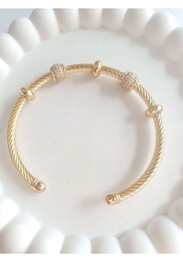 Çelik Gold Taşlı Kadın Kelepçe Bileklik Sevgiliye Hediye Altın