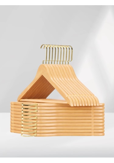 Naturel Ahşap Gold Lama Kancalı Elbise Pantolon Askısı 10 Adet Ahşap