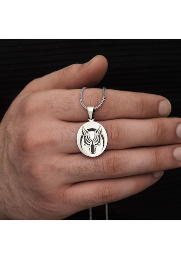 Yüzük Sanatı Kurt Motifli Oval Gümüş Erkek Kolye