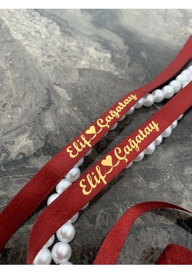 Dökülen İncili Isimli Yüzük Kurdelesi Söz Kurdelesi Bordo-gold