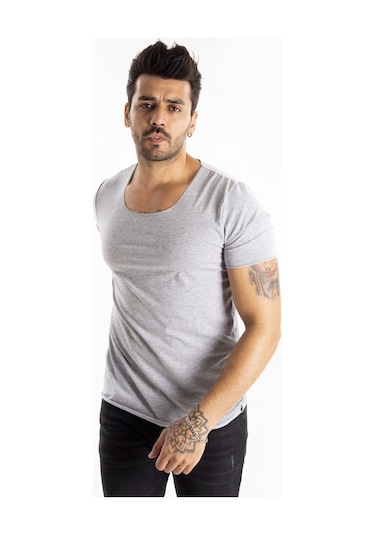 Deepsea Erkek Gri Geniş Yaka Likralı Tişört Oval Yaka Slim Fit Eteği Oval Açık Yaka T-shirt 1801199 Gri