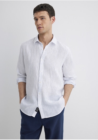 Mavi - Çizgili Keten Gömlek 0211634-90795 Renkli