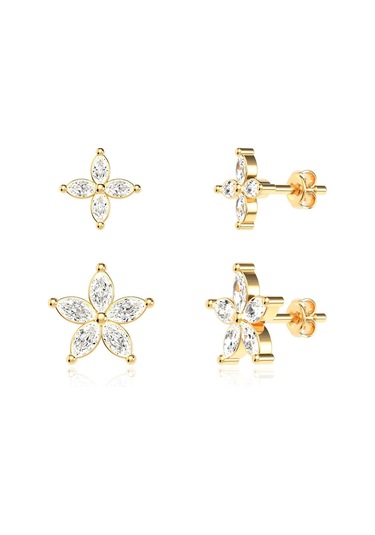 İndigo Takı İkili Çiçek Tohum Kombin Altın Kaplama Gümüş Küpe