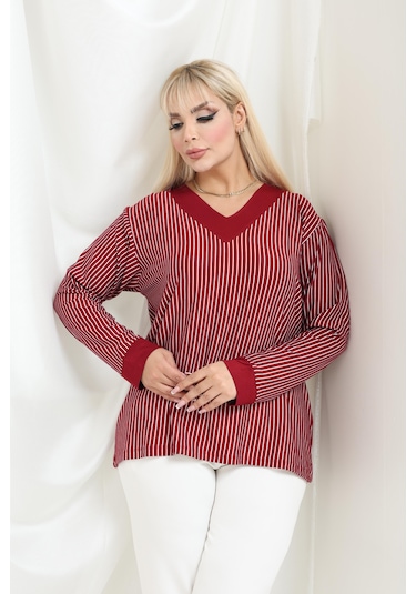 Bambu Viskon V Yaka Uzun Kollu Bluz Rahat Kalıp, Büyük Beden Xl 6xl Bordo