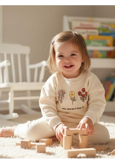Zekids Kız Bebek Çiçek Desenli Eşofman Takım-16328 Krem