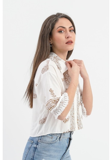 Antik Desenli Kolları Püsküllü Gömlek - Kahverengi-kahverengi Kahverengi