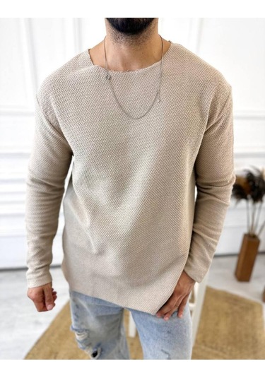 Kazak Oversize Tüylenmez Lazer Kesim Örme Keten Naturel Pamuk Karışımı Sweatshirt Krem