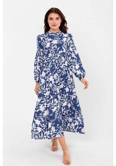 Yaprak Desenli Renkli Pamuklu Yazlık Baharlık Kuşaklı Elbise 2101 Lacivert