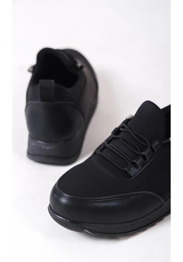 Kadın Galina Siyah Bağcıklı Lastikli Ortopedik Rahat Taban Taş Detaylı Günlük Babet Anne Ayakkabısı-siyah Siyah