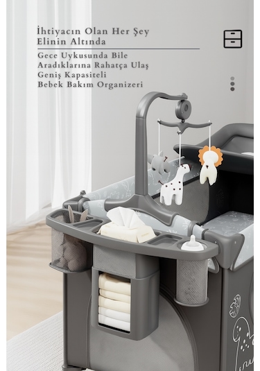 Kiwi Wildnest 3in1 Anne Yanı Park Yatak Katlanır Beşik, Tekerlekli, Yan Açılır, Müzik+oyuncak+cibinlik