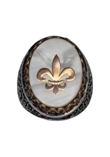 Regal Ve Sembolik Erkek 925 Ayar Gümüş Yüzük - Zambak Sembolü Ve Doğal Taşlarla Süslenmiş Gümüş