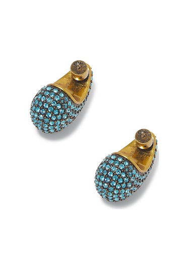 Pave Dome Earrings, Kristalli Kup Tarzı Küpe Turkuaz