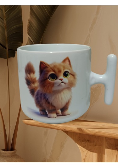 Sevimli Kedi Çift Taraf Baskılı T Kupa Bardak Beyaz T