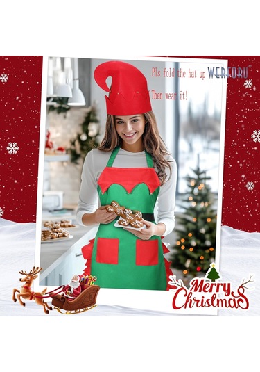 Kadın Noel Mutfak Önlüğü 2 Cepli Bayan Ayarlanabilir Aşçı Yeşil + Şapka, Tek Beden Diğer