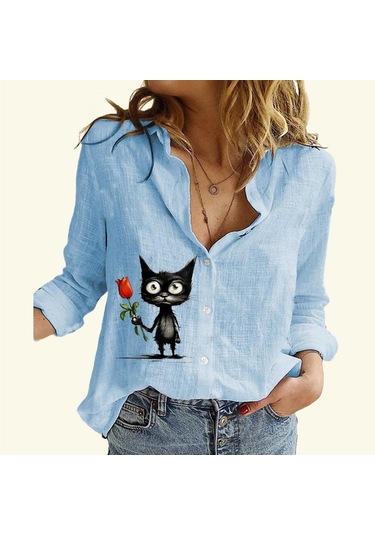 Kadın Moda Pamuk Keten Gömlek Kedi Baskılı Uzun Kollu Üst Bayan Günlük Düğmeli Bluz Mavi