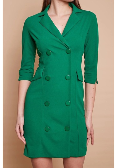 Yakalı Sırt Dekolteli Anvelop Likralı Kumaş Düğmeli Ceket Elbise -b.yeşil B.yeşili