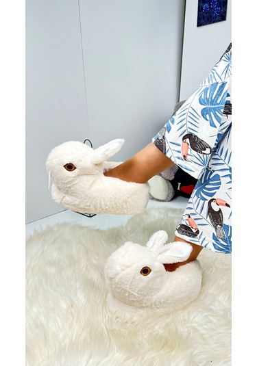 Kadın Panduf Tavşan Figürlü Peluş Ev Botu Desenli Düz Taban Rahat Hafif 359 Ekru