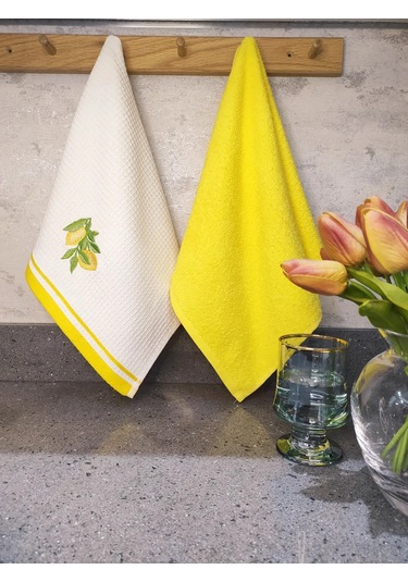 2 Li Mutfak Havlusu Sarı Renk & Limon Figürlü Kurulama Bezi - Yumuşak & Nakışlı Havlu Takımı Sarı