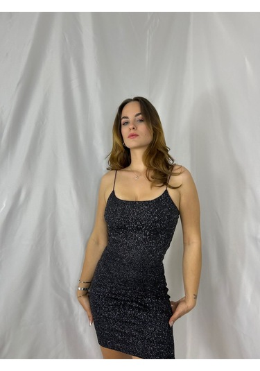 Gümüş Simli Ip Askılı Mini Elbise Siyah