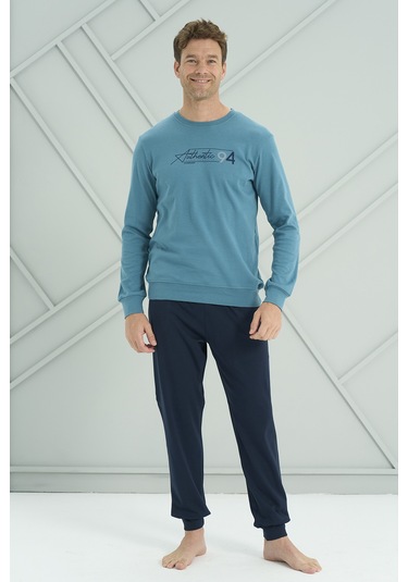 Erkek Interlok Penye Uzun Kol Pijama Takımı 2222 Petrol Petrol