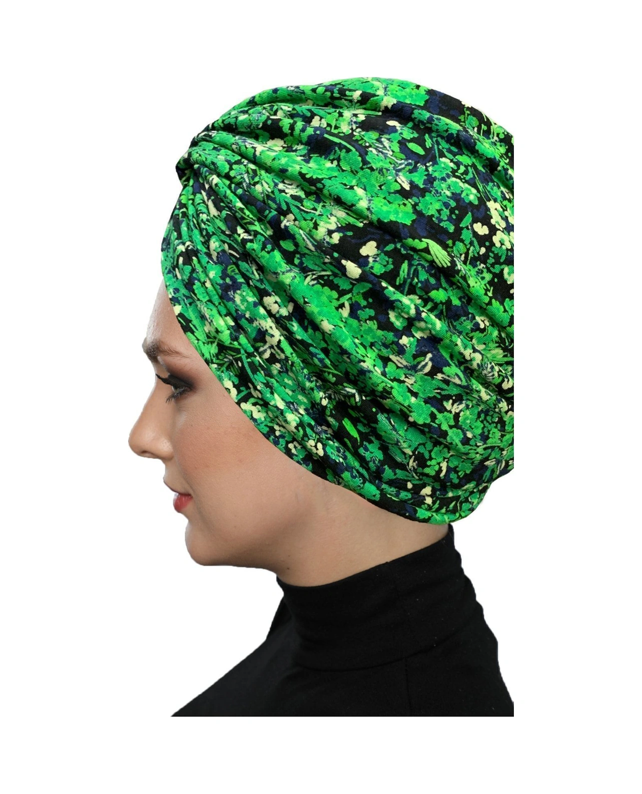 Fidan Desenli Çapraz Penye Yeşil Lacivert Çiçek Motifli Hazır Türban Tesettür Havuz Bonesi Yeşil Lacivert