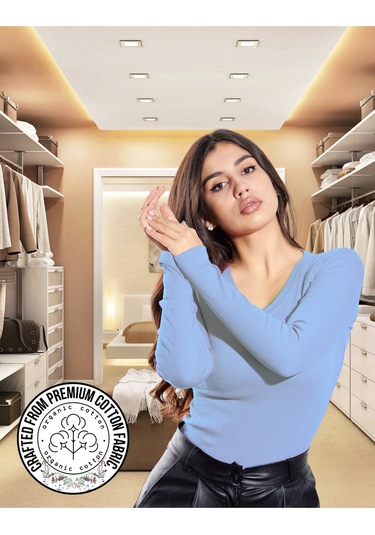 Pamuklu Kaşkorse V Yaka Body Sweatshirt, Fitilli Kumaş Likralı Bluz, Asker Yeşili Badi Açık Mavi