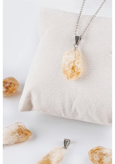Sertifikalı Ham Işlenmemiş Sitrin Taşı Kolye Gümüş Aparatlı Çok Renkli