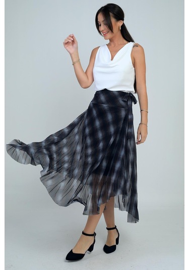 Kadın Yanları Kısa Astarlı Ekose Uzun Tül Etek-41721 Siyah