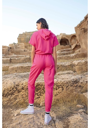 Monamise 23089 Kadın Kısa Kollu Kapişonlu Eşofman Takımı-pembe Pembe