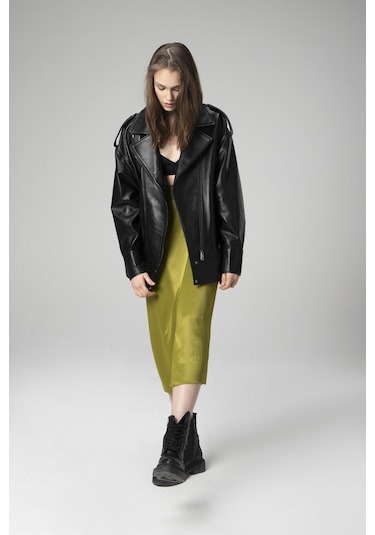 Dericlub Wm019 Oversize Biker Hakiki Deri Kadın Mont