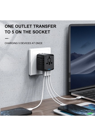 Fastbuy Mavi Evrensel Seyahat Şarj Aleti - 4 Usb 3 Usb-a + 1 Type-c Hızlı Şarj, 150+ Ülke Uyumlu, 5 Cihazı Eşzamanlı Şarj, Ha