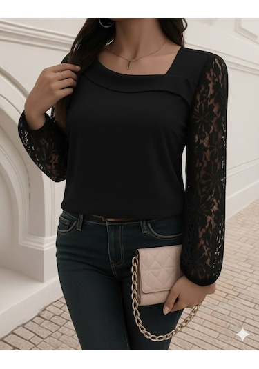 Tua Moda Kadın Uzun Kollu Asimetrik Yakalı Dantelli Ithal Krep Bluz Siyah