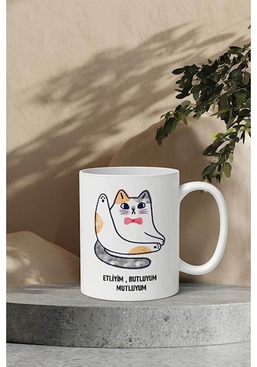 Etliyim Butluyum Mutluyum Kedi Kupa Bardak Beyaz