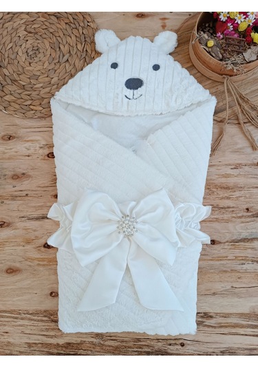Yenidoğan Beyaz Wool Yün Kumaş Ayıcık Kulaklı Kundak Bebek Battaniyesi Çok Renkli