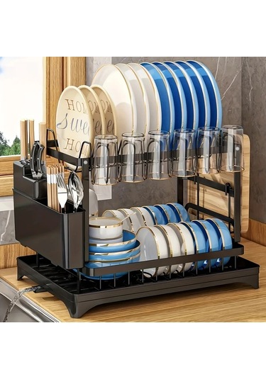 Honeybeeshop Siyah 2 Katlı Karbon Çelik Bulaşık Rafı Süzgeç Mutfak Eşyaları Tutucu Ve Bardak Askılı Siyah