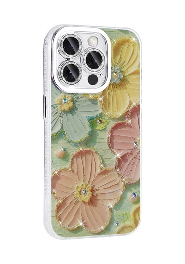 Tuva Teknoloji İphone Uyumlu 15 Pro Max Kılıf Çiçek Desenli Parlak Taşlı Sert Silikon Garden Kapak Mavi