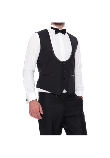 Slim Fit Saten Biyeli Siyah Damatlık Smokin Yelek Y 120 Siyah