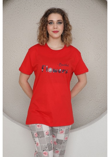 Fames Pijama Yazlik Çiçek Desen Kadin Pijama Takim Kırmızı
