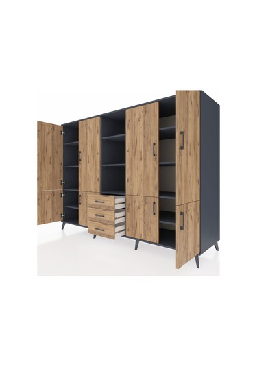 Kronos Dolap 11 Raflı 3 Çekmeceli 8 Kapaklı 220x59x163 Antrasit-ç Antrasit-çam