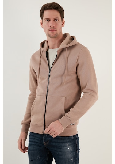 Buratti Regular Fit Kapüşonlu Fermuarlı Içi Tüylü Yumuşak Şardonlu Kışlık Erkek Sweat 5905340 Koyu Bej
